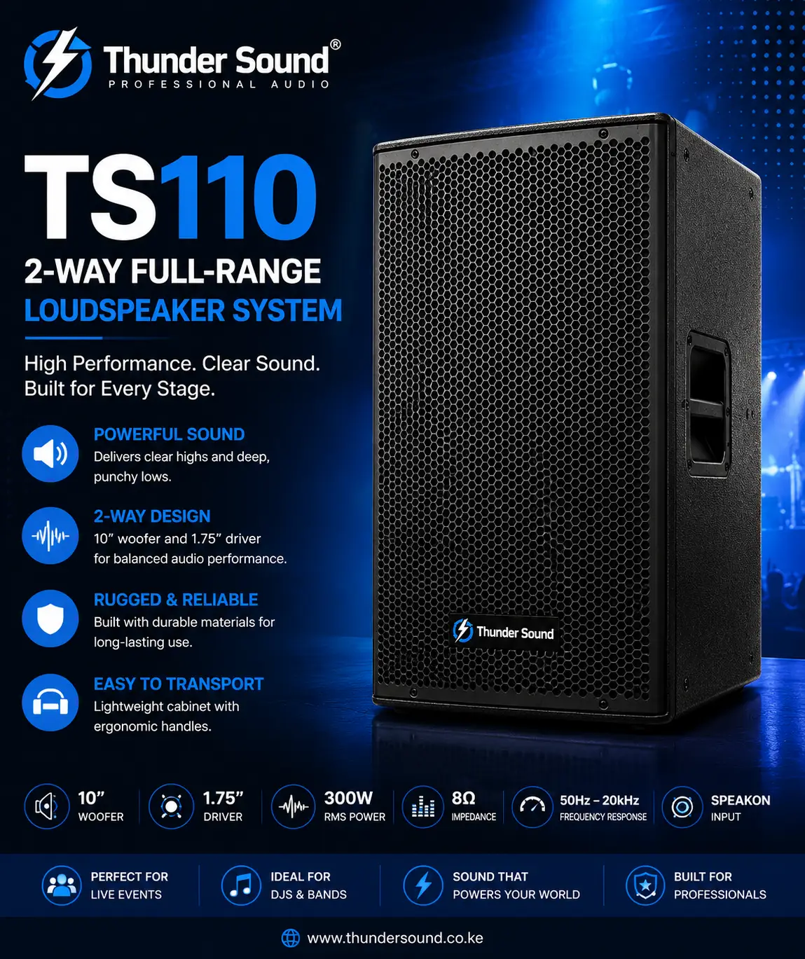 Thunder Sound TS110 2-Way Full-Range Loudspeaker System – Compact Speaker for Churches, Halls and Events