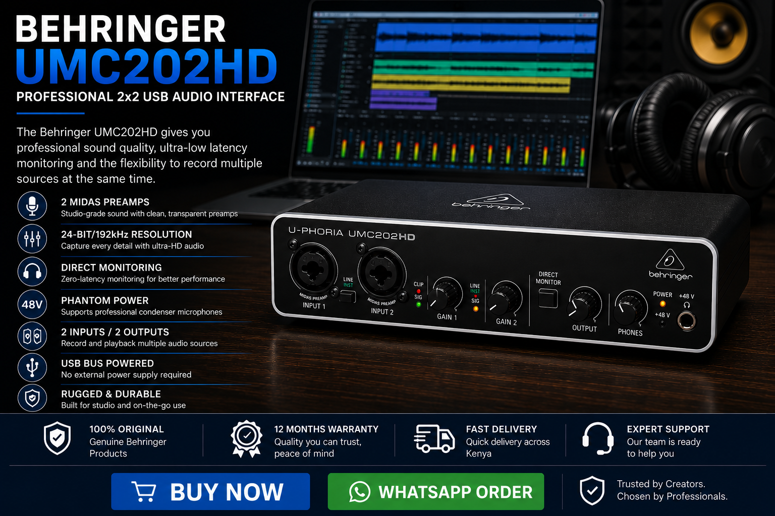 Behringer UMC202HD Price in Kenya – The Ultimate USB Audio Interface for Recording, Podcasting and Music Production Behringer UMC202HD For Sale Kenya