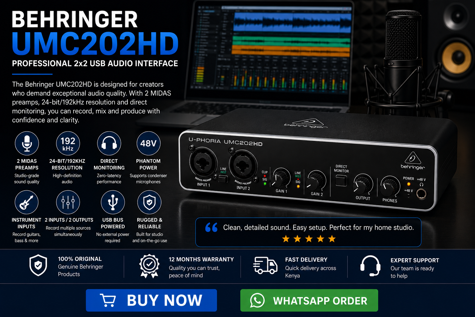 Behringer UMC202HD Price in Kenya – The Ultimate USB Audio Interface for Recording, Podcasting and Music Production Behringer UMC202HD USB Audio Interface Kenya