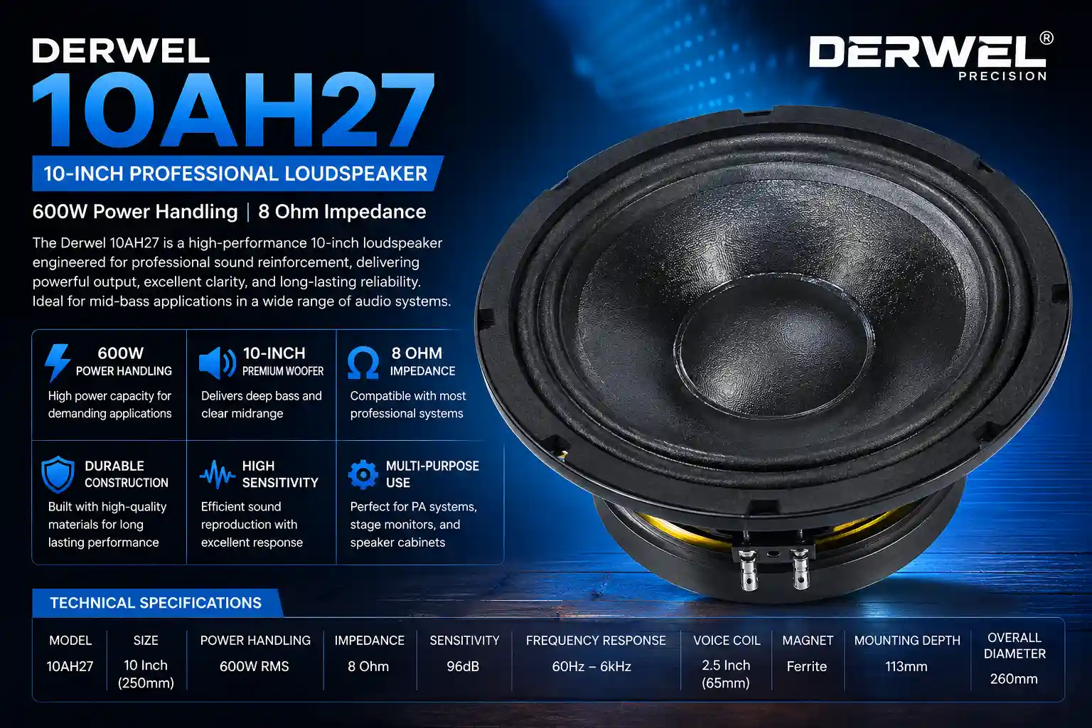 Derwel 10AH27 10-Inch Professional Loudspeaker – 600W 8 Ohm Driver for PA Systems and Stage Monitors Derwel 10AH27 10-Inch Professional Loudspeaker