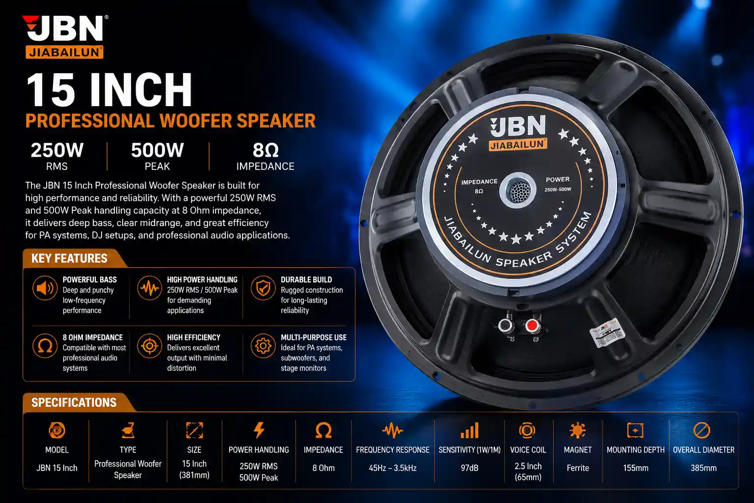JBN 15 Inch Professional Woofer Speaker – 250W RMS 500W Peak 8 Ohm Replacement Loudspeaker for PA Systems, DJs and Custom Cabinets JBN 15 Inch Professional Woofer Speaker