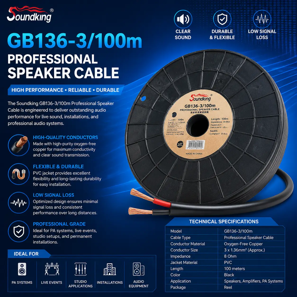 Soundking GB136-3/100m Professional Speaker Cable – 100 Meter Cable Roll for PA Systems, Amplifiers and Audio Installations Soundking GB136-3/100m Professional Speaker Cable