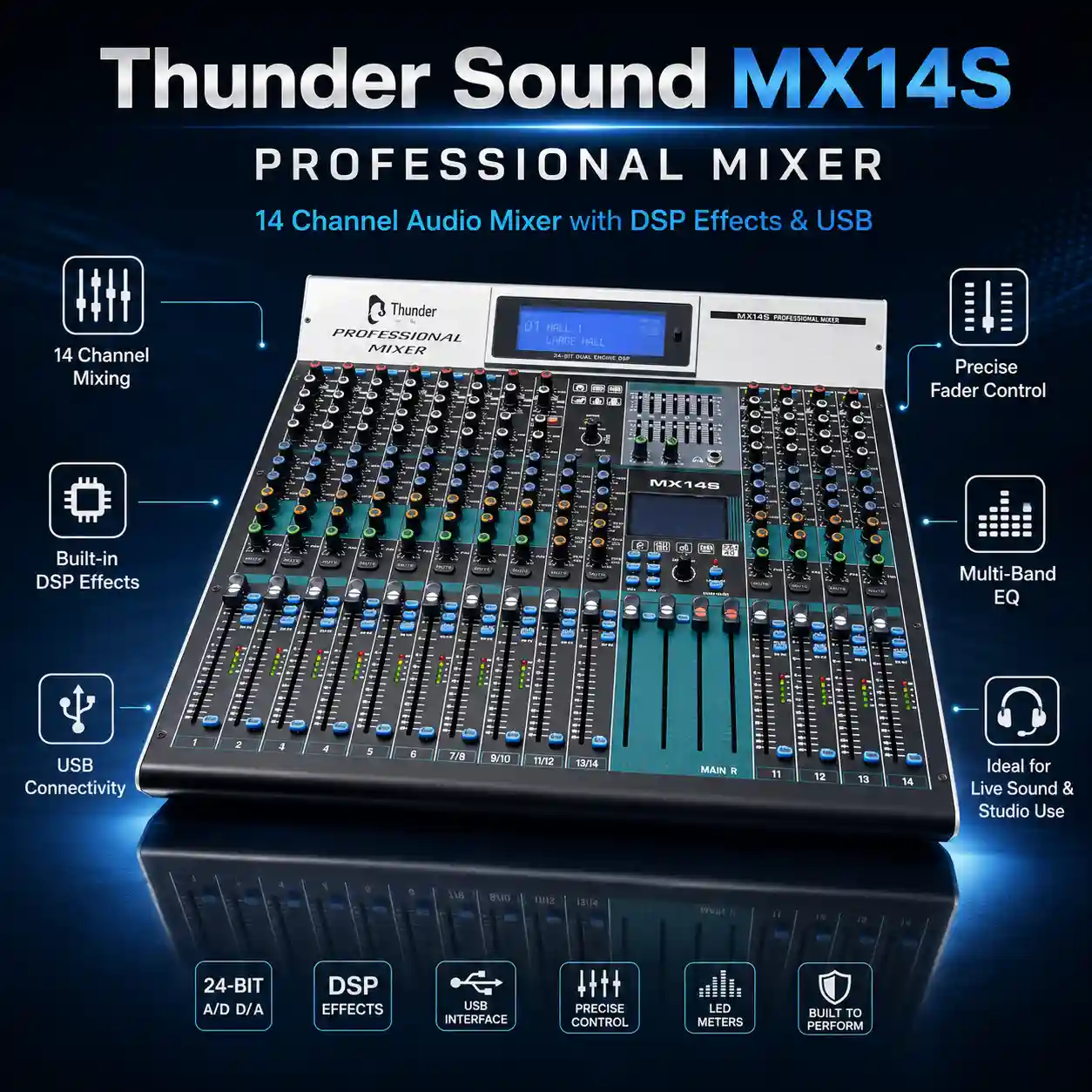 Thunder Sound MX14S Professional Mixer – 14 Channel Audio Mixer for Worship, Events, Studios and DJs Thunder Sound MX14S Professional Mixer
