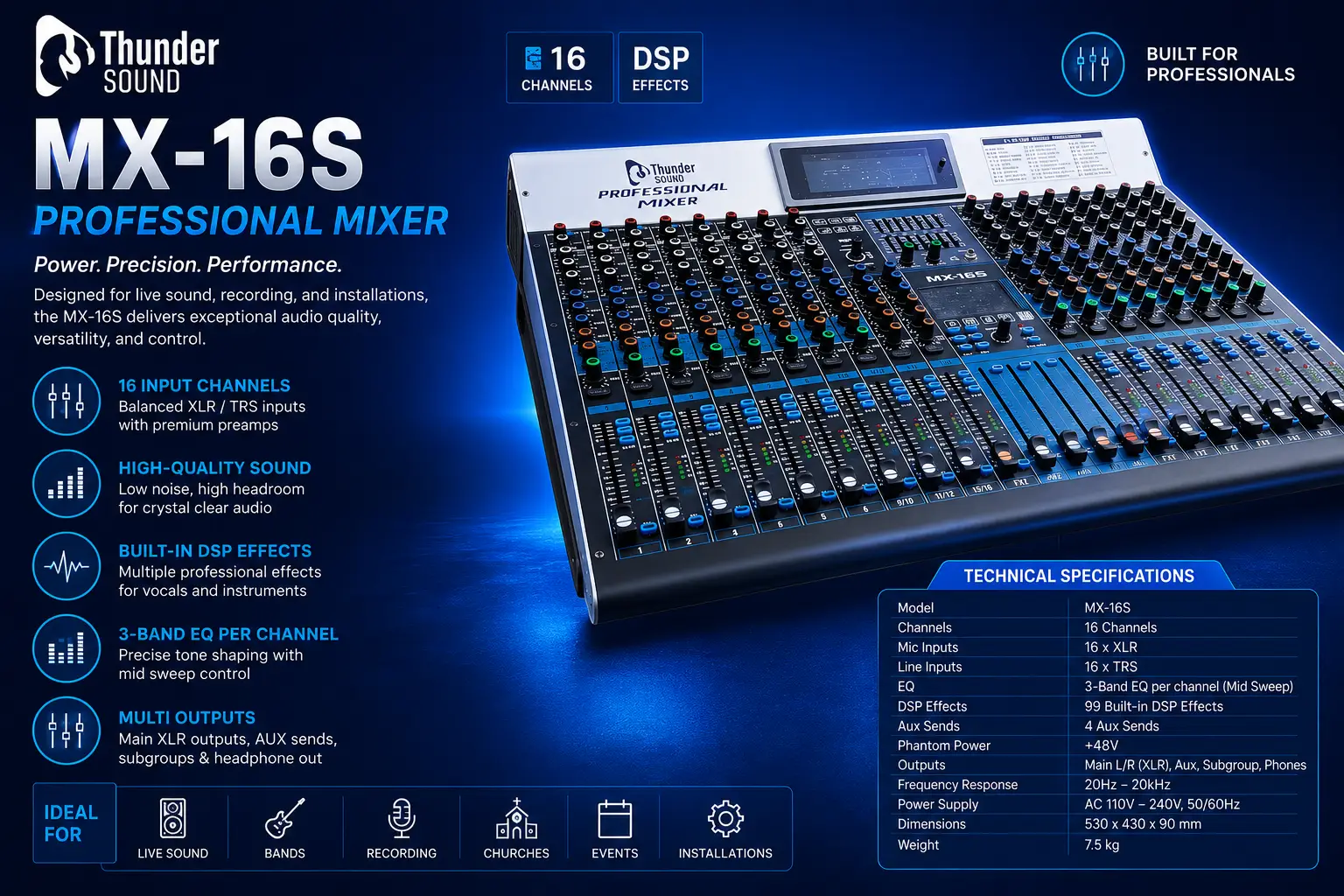 Thunder Sound MX14S Professional Mixer – 14 Channel Mixer for Events, Churches, DJs and Studios Thunder Sound MX14S Professional Mixer for live sound