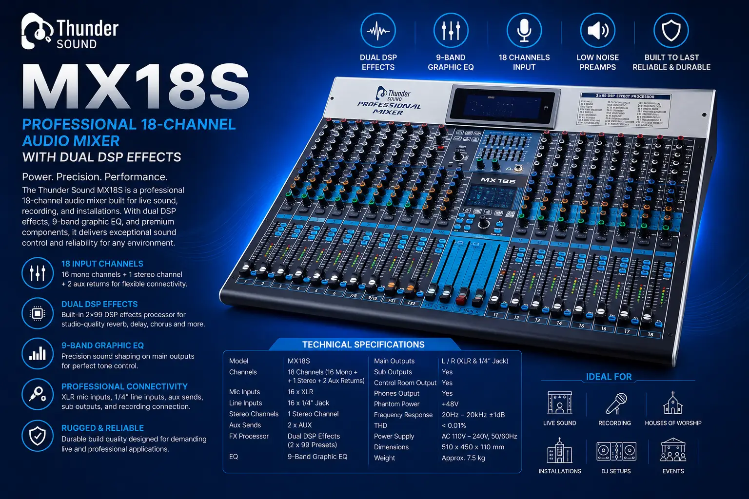 Thunder Sound MX18S Professional 18-Channel Audio Mixer – Powerful Mixer for Churches, Studios and Live Sound Thunder Sound MX18S Professional 18 Channel Audio Mixer