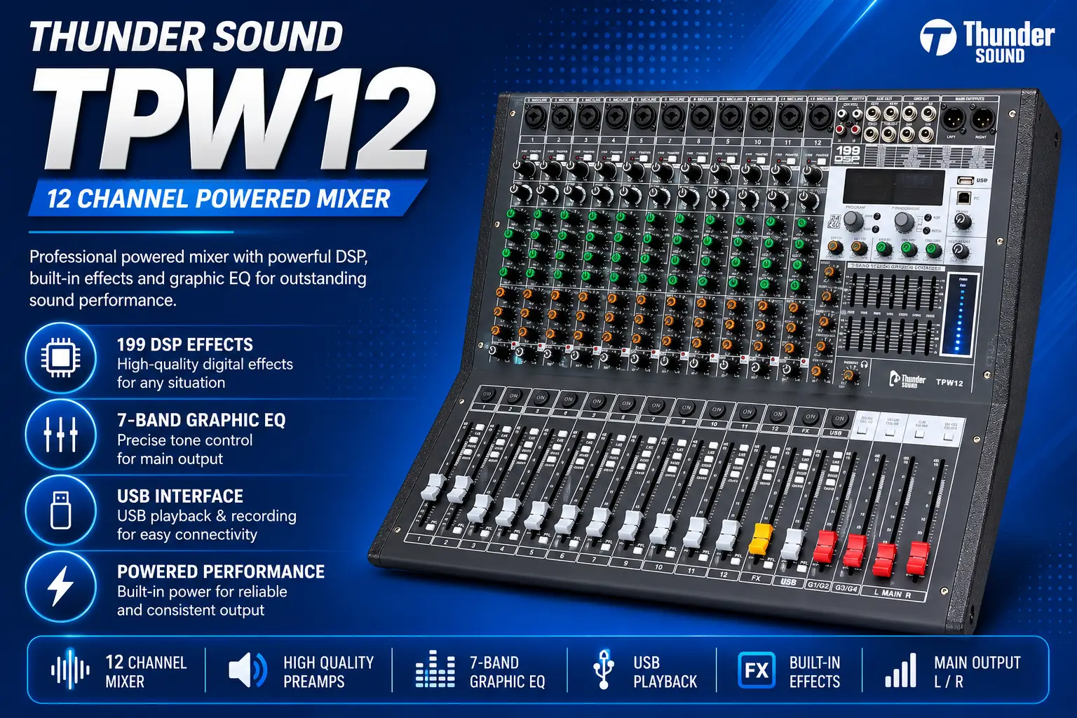 Thunder Sound TPW 12 Professional Powered Audio Mixer – 12 Channel Mixer for Churches, DJs and PA Systems Thunder Sound TPW 12 Professional Powered Audio Mixer
